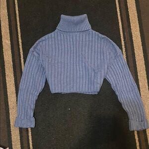 Blue Cropped Turtleneck Knit Sweater